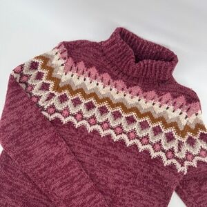 Lands End VTG Women's Burgundy Pink Fair Isle Ski Sweater Turtleneck Outdoor XS